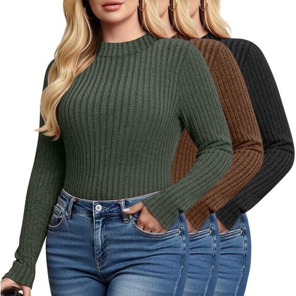 Plus Size Sweaters Women Long Sleeve Mock Neck Tunic Casual Top 3 Pack - Picture 1 of 6